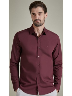 Benezzo Slim Fit Uzun Kollu Bordo Erkek Gömlek