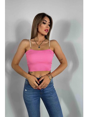 Butik Gardrop Inci Askılı Fitilli Crop Şeker Pembesi