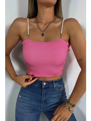 Butik Gardrop Inci Askılı Fitilli Crop Şeker Pembesi