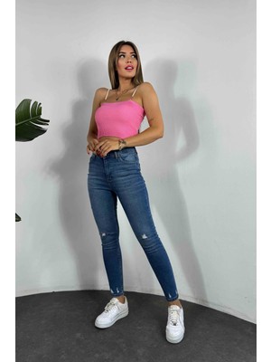 Butik Gardrop Inci Askılı Fitilli Crop Şeker Pembesi