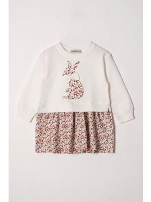 Zepkids Bisiklet Yaka Uzun Kol Tavşan Baskılı Etekli Kız Çocuk Ekru-Kahverengi Renk  Sweat Takım