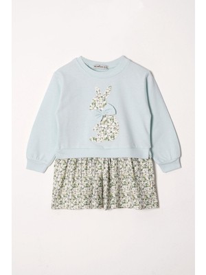 Zepkids Bisiklet Yaka Uzun Kol Tavşan Baskılı Etekli  Kız Çocuk Mint Renk Sweat Takım