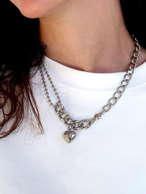 Roosvel Kalp Charmlı Zincir Çelik Kolye / Bubble Heart Chain Kolye