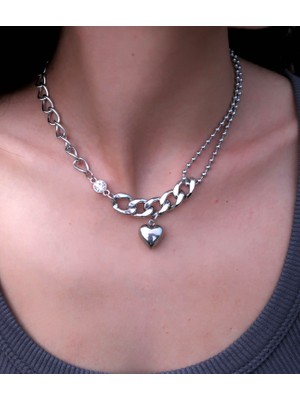 Roosvel Kalp Charmlı Zincir Çelik Kolye / Bubble Heart Chain Kolye