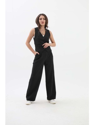 Isawella Cep Detaylı Çizgili Yelek - Siyah