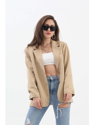 Isawella Kadın Kruvaze Yaka Oversize Blazer Ceket - Vizon