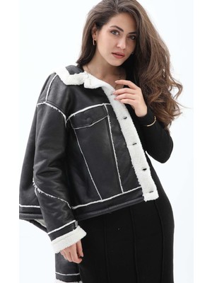 Isawella Deri Görünümlü Içi Peluş Önü Düğmeli Mont - Siyah
