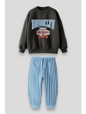 Magu Erkek Çocuk Brooklyn Desenli Sloganlı Kışlık 3 Iplik Pamuklu Sweatshirt Eşofman Alt-Üst Takım