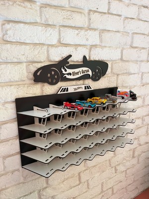 Viven Decor Oyuncak Araba Rafı Spor Araba Temalı 40'lı (KİŞİYE ÖZEL İSİM YAZILABİLİR) 1/64 Ölçekli Hotwheels ve Machbo x  Arabaları Için Uygundur