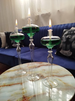 Yansıma Cam Dekoratif lik El Yapımı Elips Kandil 3'Lü Set (200 Ml 'Şeffaf' Kandil Yağı,Fitil )