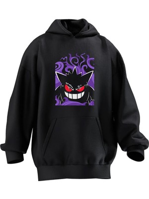 Nmg Tekstil Unisex Premium Pamuk Siyah  Mor Ginger Pokemon Baskılı 3 Iplik Kapüşonlu Sweatshirt
