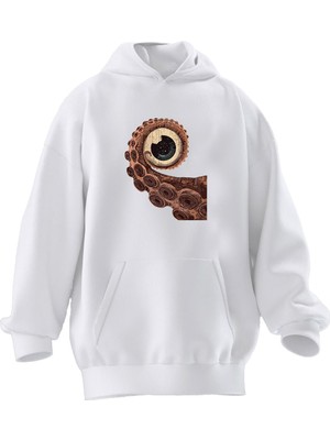 Nmg Tekstil Unisex Premium Pamuk Beyaz  Ahtapot Göz Kol Baskılı 3 Iplik Kapüşonlu Sweatshirt
