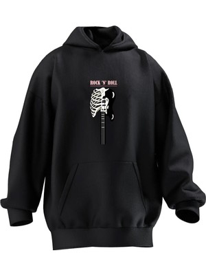 Nmg Tekstil Unisex Premium Pamuk Siyah  Iskelet Elektro Gitar Baskılı 3 Iplik Kapüşonlu Sweatshirt
