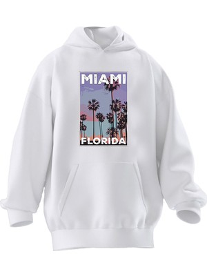 Nmg Tekstil Unisex Premium Pamuk Beyaz  Miami Florida Çizim Baskılı 3 Iplik Kapüşonlu Sweatshirt