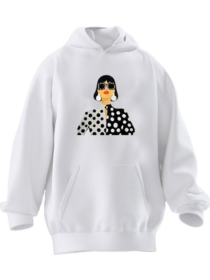 Nmg Tekstil Unisex Premium Pamuk Beyaz  Siyah Gömlekli Kadın Baskılı 3 Iplik Kapüşonlu Sweatshirt