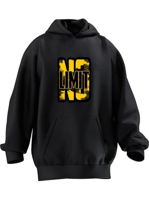 Nmg Tekstil Unisex Premium Pamuk Siyah  No Limit Baskılı 3 Iplik Kapüşonlu Sweatshirt