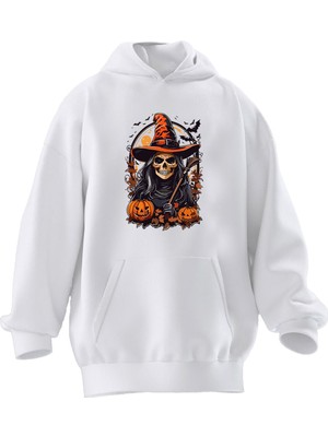 Nmg Tekstil Unisex Premium Pamuk Beyaz  Cadı Kurukafa Balkabağı Baskılı 3 Iplik Kapüşonlu Sweatshirt