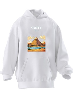 Nmg Tekstil Unisex Premium Pamuk Beyaz  Caire Mısır Baskılı 3 Iplik Kapüşonlu Sweatshirt