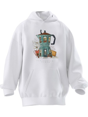 Nmg Tekstil Unisex Premium Pamuk Beyaz  Çaydanlık Yeşil Ev Baskılı 3 Iplik Kapüşonlu Sweatshirt