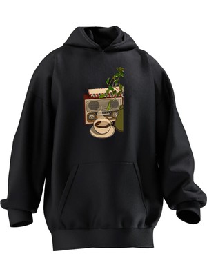 Nmg Tekstil Unisex Premium Pamuk Siyah  Kahve Nostalji Radyo Baskılı 3 Iplik Kapüşonlu Sweatshirt