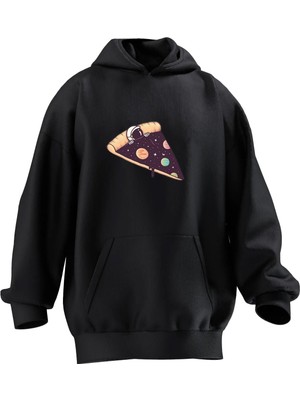 Nmg Tekstil Unisex Premium Pamuk Siyah  Pizza Astronot Baskılı 3 Iplik Kapüşonlu Sweatshirt