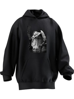 Nmg Tekstil Unisex Premium Pamuk Siyah  Heykel Ağlayan Baskılı 3 Iplik Kapüşonlu Sweatshirt