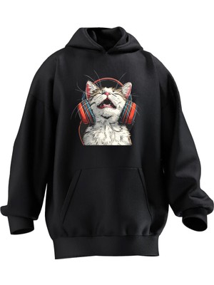 Nmg Tekstil Unisex Premium Pamuk Siyah  Kulaklıklı Kedi Baskılı 3 Iplik Kapüşonlu Sweatshirt