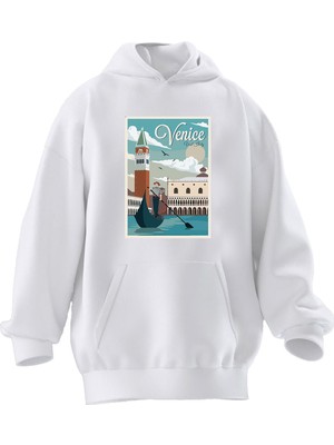 Nmg Tekstil Unisex Premium Pamuk Beyaz Venice Poster Baskılı 3 Iplik Kapüşonlu Sweatshirt