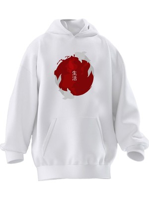 Nmg Tekstil Unisex Premium Pamuk Beyaz  Japon Balina Baskılı 3 Iplik Kapüşonlu Sweatshirt