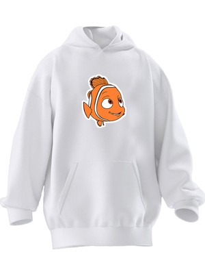 Nmg Tekstil Unisex Premium Pamuk Beyaz  Memo Balık Baskılı 3 Iplik Kapüşonlu Sweatshirt