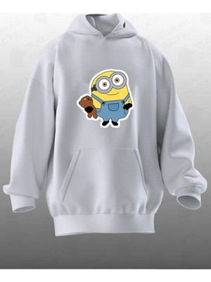 Nmg Tekstil Unisex Premium Pamuk Beyaz  Minyon Baskılı 3 Iplik Kapüşonlu Sweatshirt