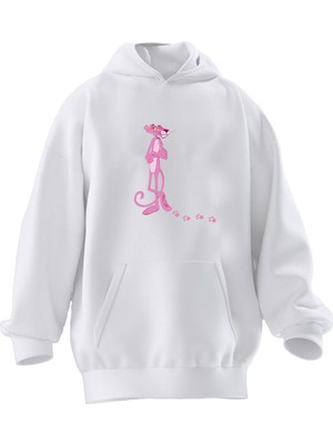 Nmg Tekstil Unisex Premium Pamuk Beyaz  Patili Pembe Panter Baskılı 3 Iplik Kapüşonlu Sweatshirt