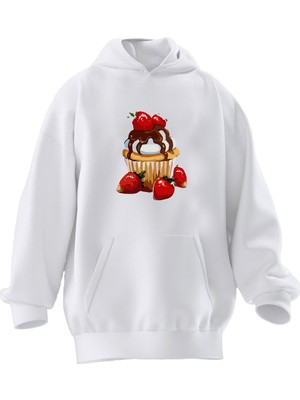 Nmg Tekstil Unisex Premium Pamuk Beyaz  Çilekli Tatlı Baskılı 3 Iplik Kapüşonlu Sweatshirt