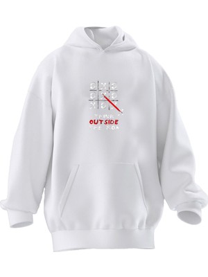 Nmg Tekstil Unisex Premium Pamuk Beyaz Thing Outside Baskılı 3 Iplik Kapüşonlu Sweatshirt