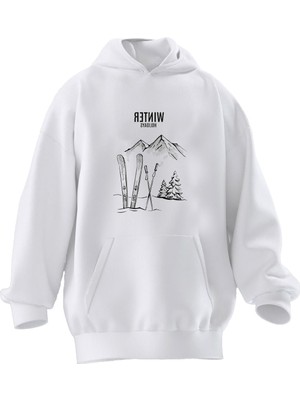 Nmg Tekstil Unisex Premium Pamuk Beyaz Winter Baskılı 3 Iplik Kapüşonlu Sweatshirt