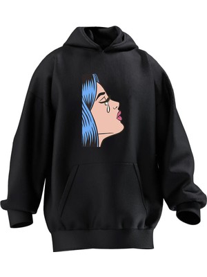 Nmg Tekstil Unisex Premium Pamuk Siyah  Ağlayan Mavi Saçlı Kız Baskılı 3 Iplik Kapüşonlu Sweatshirt