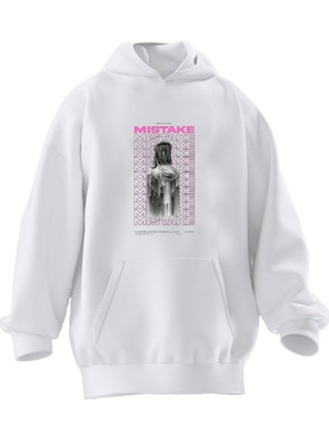 Nmg Tekstil Unisex Premium Pamuk Beyaz  Mistake Pink Baskılı 3 Iplik Kapüşonlu Sweatshirt