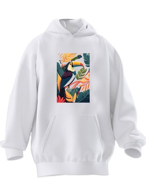 Nmg Tekstil Unisex Premium Pamuk Beyaz  Renkli Papağan Baskılı 3 Iplik Kapüşonlu Sweatshirt