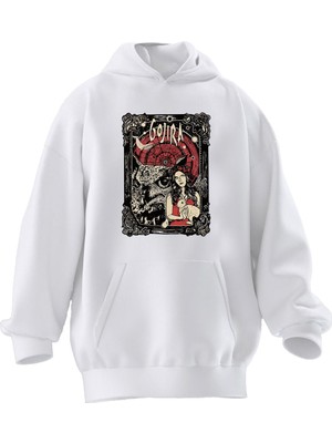 Nmg Tekstil Unisex Premium Pamuk Beyaz  Gojira Baykuş Desen Baskılı 3 Iplik Kapüşonlu Sweatshirt