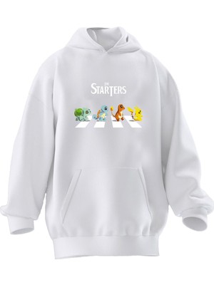 Nmg Tekstil Unisex Premium Pamuk Beyaz Starter Pokemon Baskılı 3 Iplik Kapüşonlu Sweatshirt