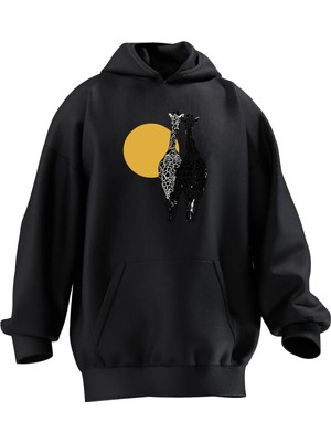 Nmg Tekstil Unisex Premium Pamuk Siyah  Çift Zürafa Güneş Baskılı 3 Iplik Kapüşonlu Sweatshirt