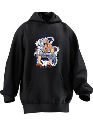 Nmg Tekstil Unisex Premium Pamuk Siyah  Gülen Anime Kral Baskılı 3 Iplik Kapüşonlu Sweatshirt