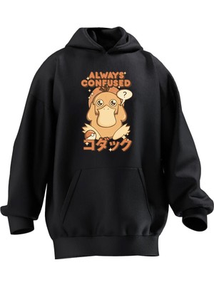 Nmg Tekstil Unisex Premium Pamuk Siyah Sayduck Pokemon Baskılı 3 Iplik Kapüşonlu Sweatshirt