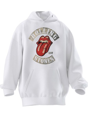 Nmg Tekstil Unisex Premium Pamuk Beyaz Rollıng Stones Dil Baskılı 3 Iplik Kapüşonlu Sweatshirt