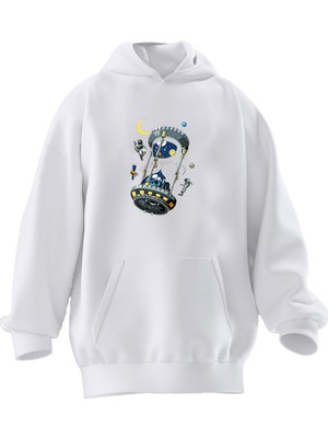 Nmg Tekstil Unisex Premium Pamuk Beyaz Zaman Makinası Baskılı 3 Iplik Kapüşonlu Sweatshirt