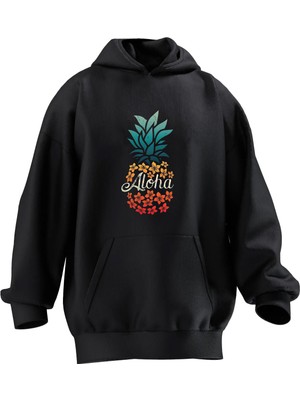 Nmg Tekstil Unisex Premium Pamuk Siyah  Aloha Ananas Baskılı 3 Iplik Kapüşonlu Sweatshirt