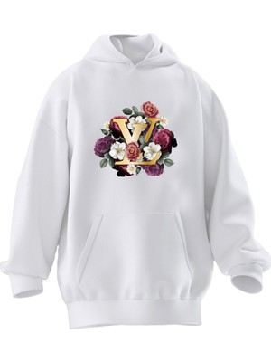 Nmg Tekstil Unisex Premium Pamuk Beyaz  Love Çiçekler Baskılı 3 Iplik Kapüşonlu Sweatshirt