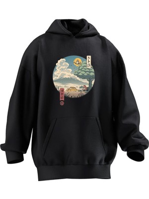 Nmg Tekstil Unisex Premium Pamuk Siyah  Japon Halka Desen Baskılı 3 Iplik Kapüşonlu Sweatshirt