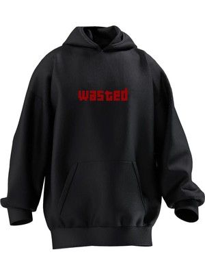 Nmg Tekstil Unisex Premium Pamuk Siyah Wasted Yazı Baskılı 3 Iplik Kapüşonlu Sweatshirt