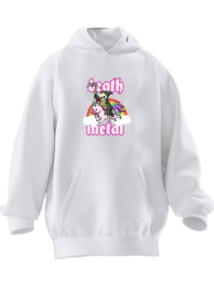 Nmg Tekstil Unisex Premium Pamuk Beyaz  Death Metal Baskılı 3 Iplik Kapüşonlu Sweatshirt